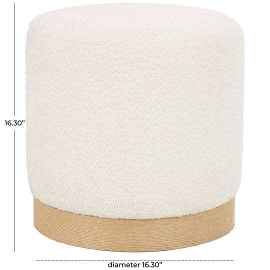 16" White Geometric Boucle Stool with Brown Wooden Base
